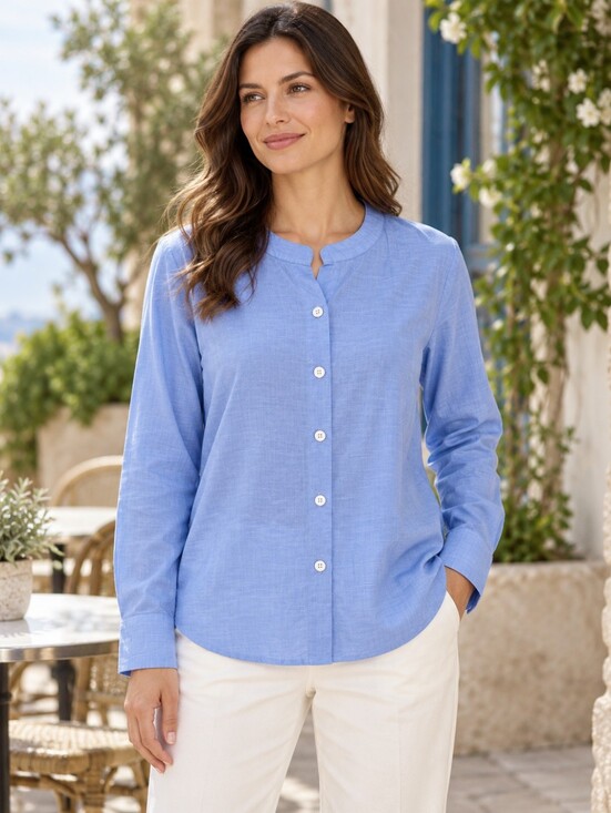 None Tops - Women’s Light Blue Collarless Button Front Blouse Long Sleeve Size Medium